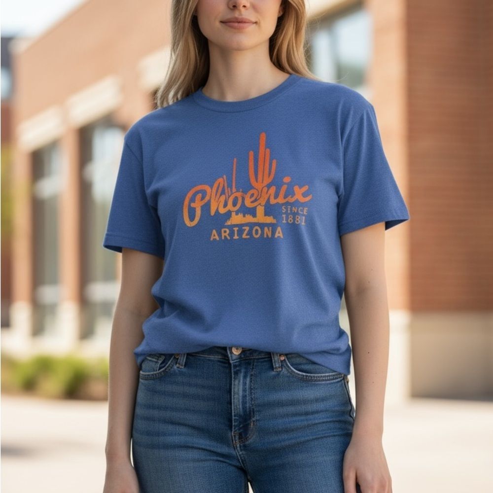 Blue Graphic Tee with Orange Print